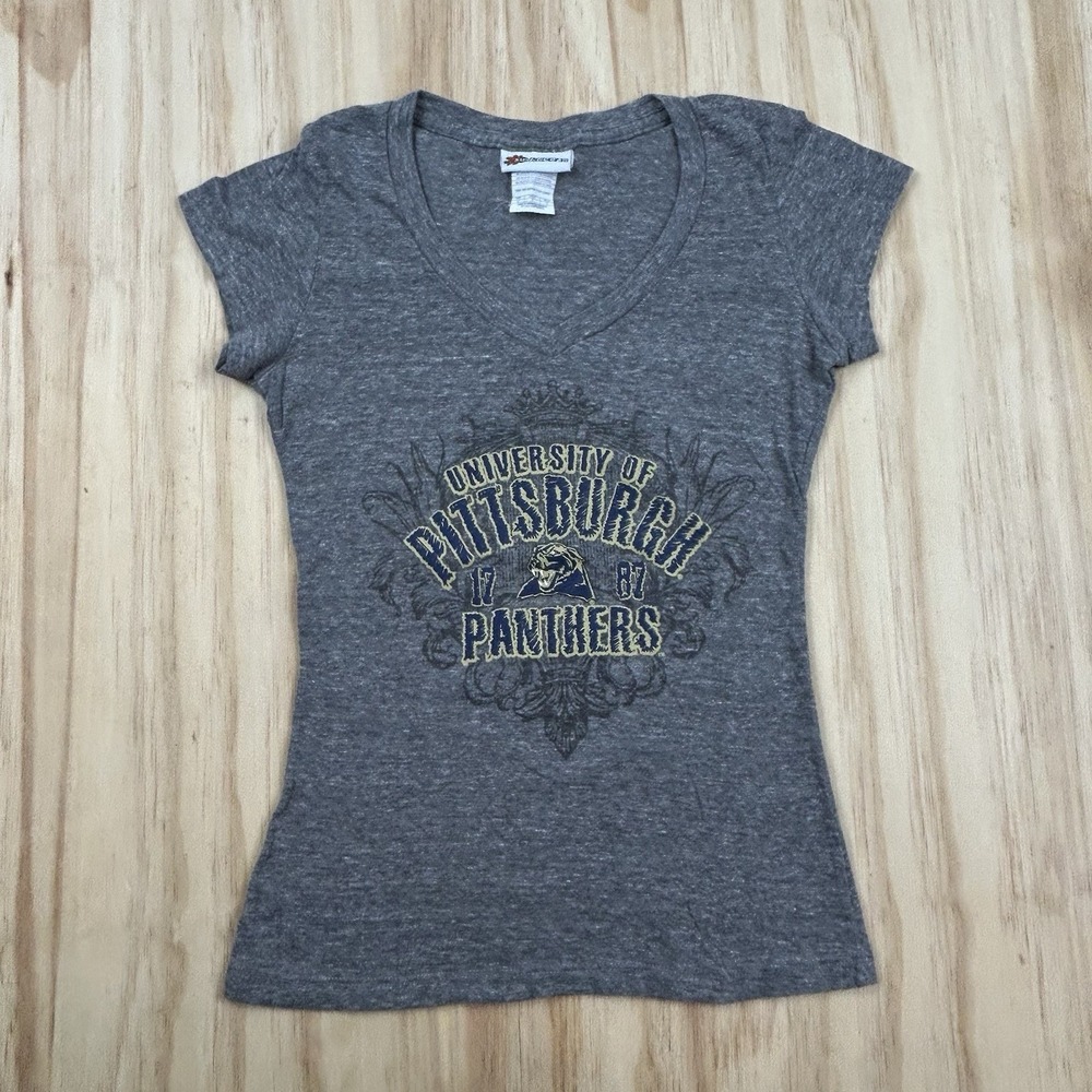 Vintage Y2K Pittsburgh Panthers Womens Fitted Gray T Shirt Small Pitt College L